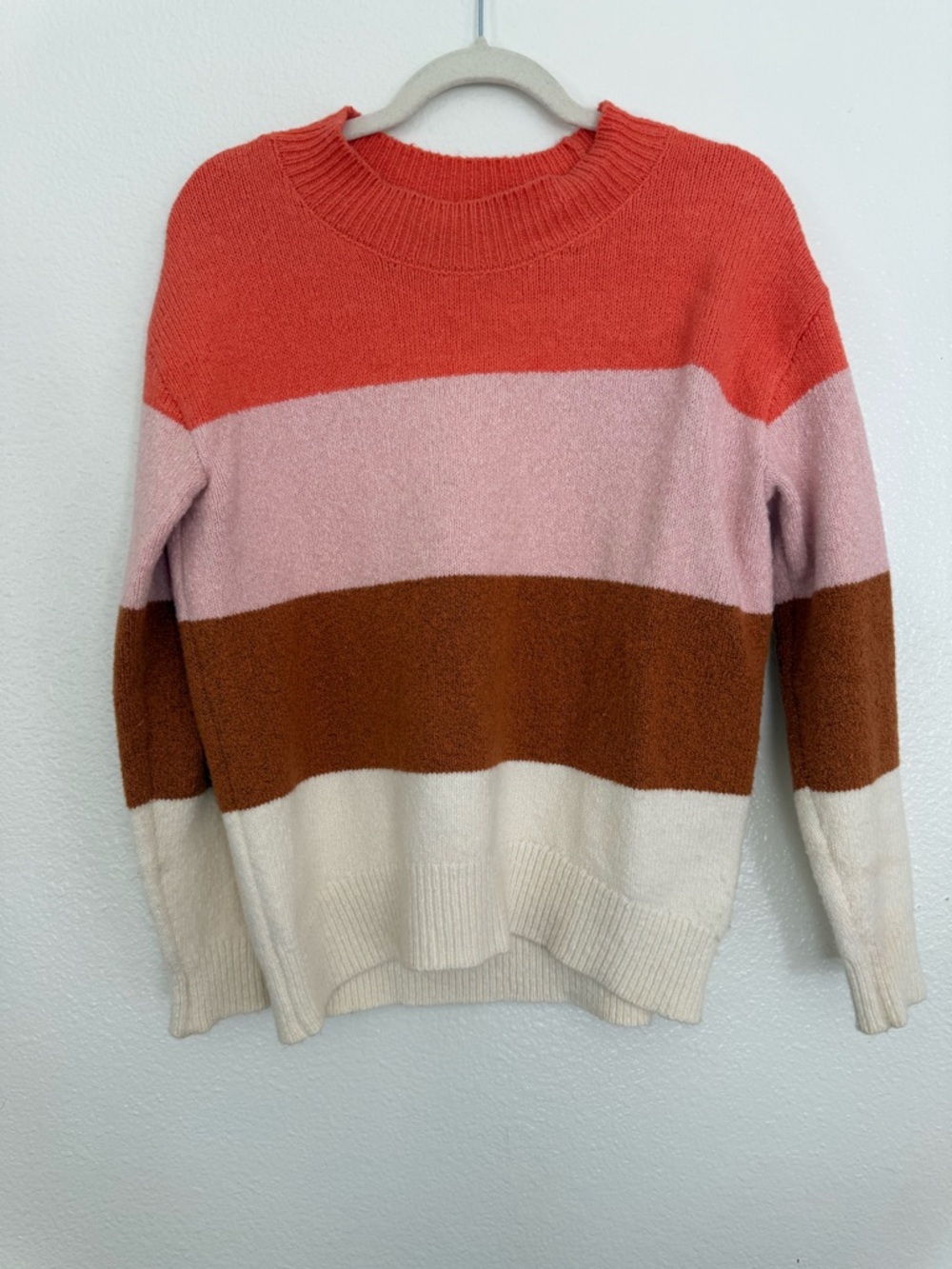 Old Navy Colorblock Crewneck Sweater in Coral, Pink, Brown, and Cream